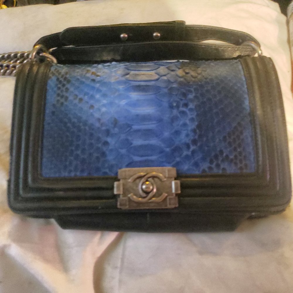 ** CHANEL **BLUE/BLACK TRIM PYTHON BOY BAG *SPECIAL EDITION*